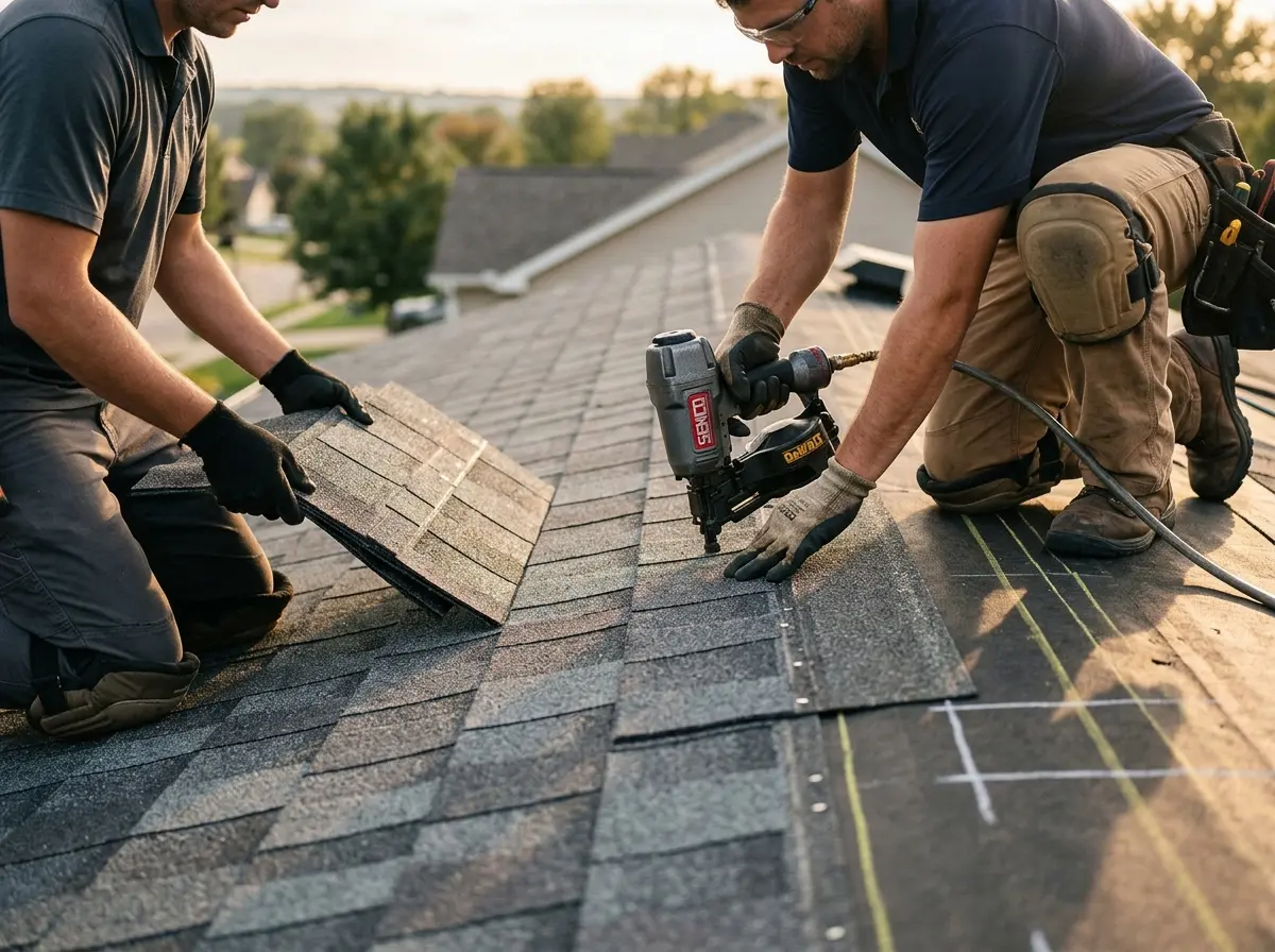 Professional roofer working on a residential roof in Moss Bluff